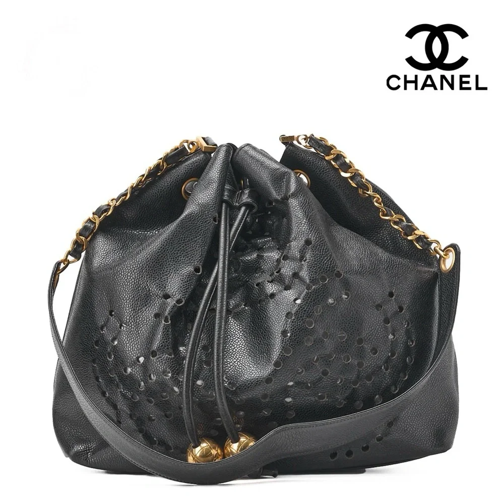 Authentic CHANEL Black caviar perforated bucket drawstring with removable pouch